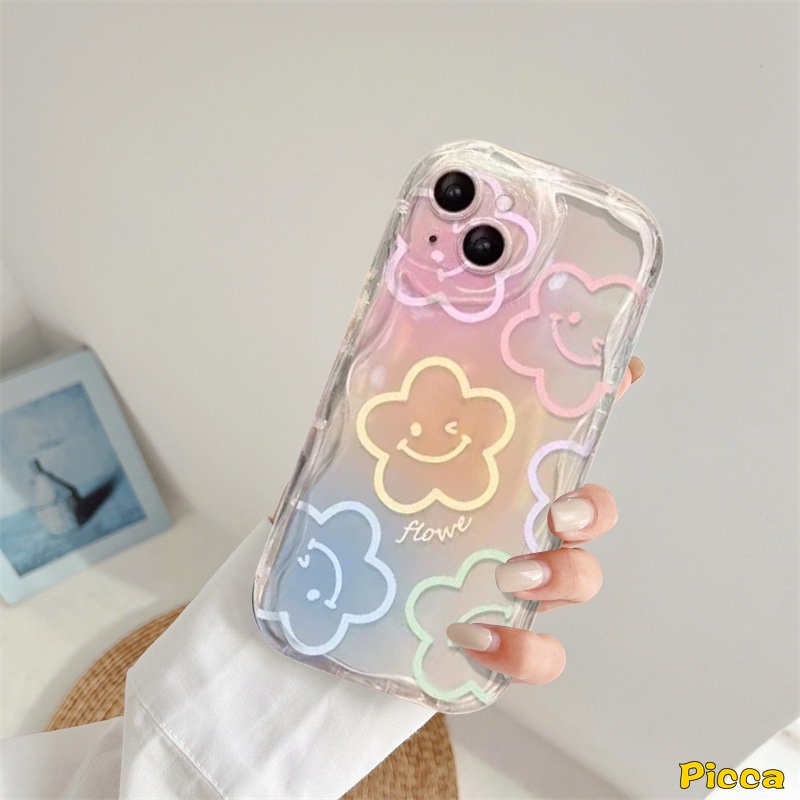 IPHONE Ins Korean Fantasy Butterfly Bow Smiley Flowers Case Kompatibel Untuk Iphone11 Pro Max XR 7Plus 6s 8 6 7 Plus 14 13 12 Pro Max X XS Max SE 2020 3D Wavy Curved Edge Glossy Cover