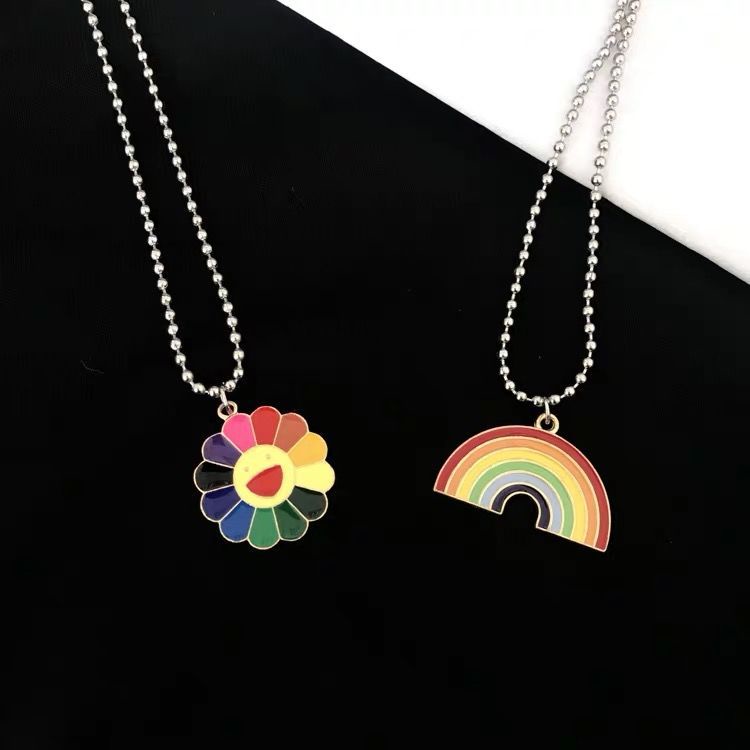 Ins Cool Jump Hip Hop Hyuna Style Colorful Rainbow Pendant Sunflower Smiley Bunga Matahari Pasangan t-Shirt Kalung Pria