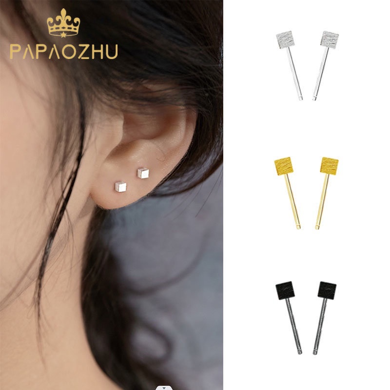 Papaozhu Korea s925 Perak Hitam Emas Kubus Kecil Stud Anting-Anting Untuk Wanita Perempuan Hypoallergenic Anting-Anting Kecil Pick Gratis Pakaian Sehari-Hari Telinga Perhiasan