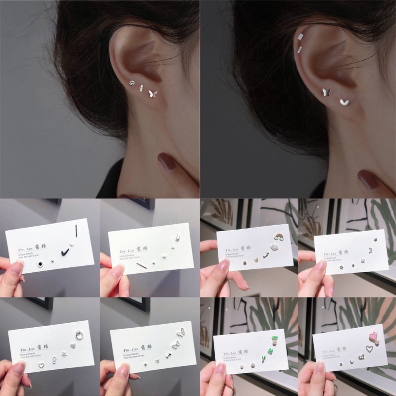 Papaozhu 5PCs S925 Perak Geometris CZ Zirkon Mutiara Stud Anting Set Untuk Wanita Perempuan Perhiasan Telinga Harian