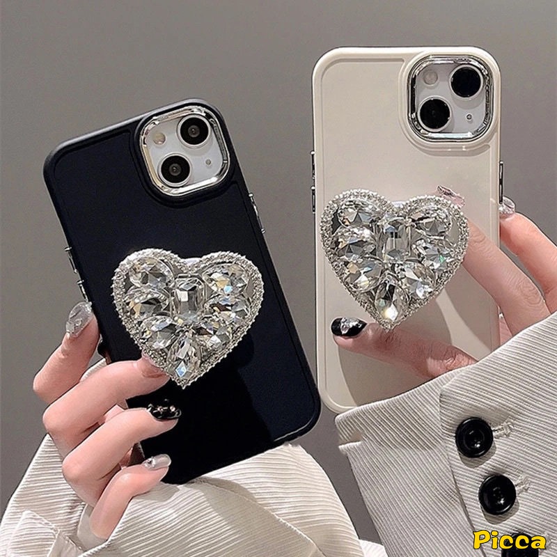 IPHONE 3d Berlian Cinta Hati Phone Holder Macaron Color Phone Case Kompatibel Untuk Iphone11 13 14 12 Pro MAX 7plus X XR 7 8 Plus XS MAX Holder Bracket Pelindung Soft Cover