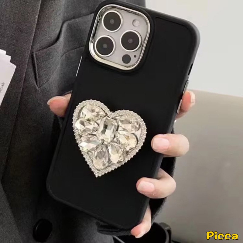 IPHONE Case Holder Ponsel Warna Macaron Kompatibel Untuk Iphone7 8 Plus 7plus 11xr 13 14 12 11 Pro MAX X XS MAX Mewah Simple Bling Diamond Love Heart Bracket Soft Cover