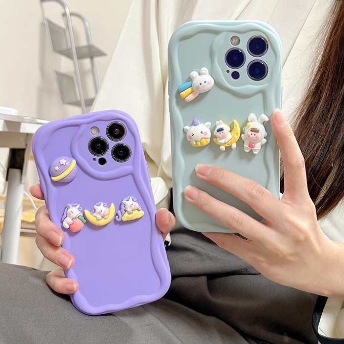 Macaron Purple Wave Astronaut Bunny Doll Soft Silicon Case HP iP iPhone 6 6S 7 8 14 + Plus SE 2020 2022 X XS XR 11 12 13 Pro Max Girl Woman Casing