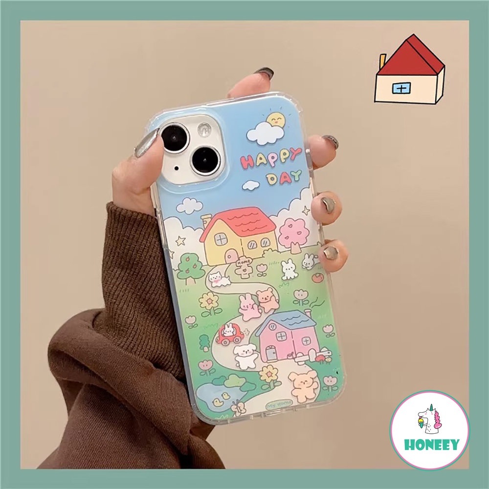 IPHONE Ins Kartun Beruang Kelinci Ilustrasi Ponsel Case Kompatibel Untuk Iphone14 Pro Max13 12promax Case Untuk Iphone11Sarung Belakang Tahan Guncangan Akrilik