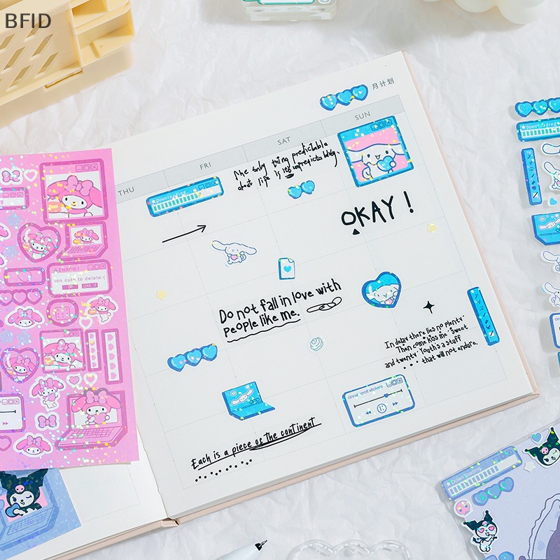 [BFID] 3pcs Melody Kuromi Cinnamoroll Anime Kartun Stiker Gadis Hati Laser Stiker Dekorasi Laptop Tangan Akun Alat Tulis Stiker [ID]