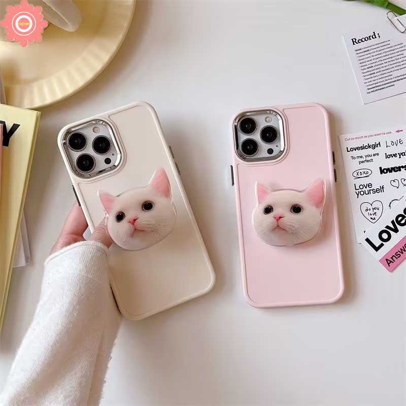 Cute Kitty Cat Phone Holder Case Compatible for IPhone 11 13 12 14 Pro Max 7plus X XR 7 8 Plus XS MAX Simple Solid Color Metal Lens Frame Phone Cover