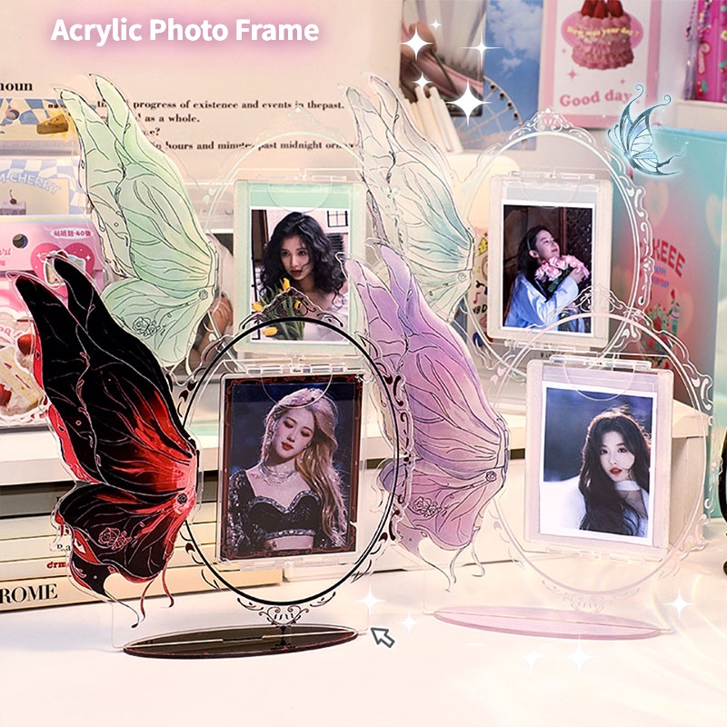 Sayap Kupu-Kupu Bingkai Foto Akrilik Lucu 3inch Rotatable Card Holder Deluxe Desktop Display Frame Kpop Idol Photocard Pelindung Case DIY Hadiah Dekorasi