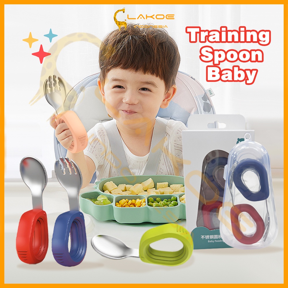 Lakoe Sendok Garpu set Anak Stainless Steel/Training Baby Spoon/ Sendok Belajar Makan Bayi dan kotak