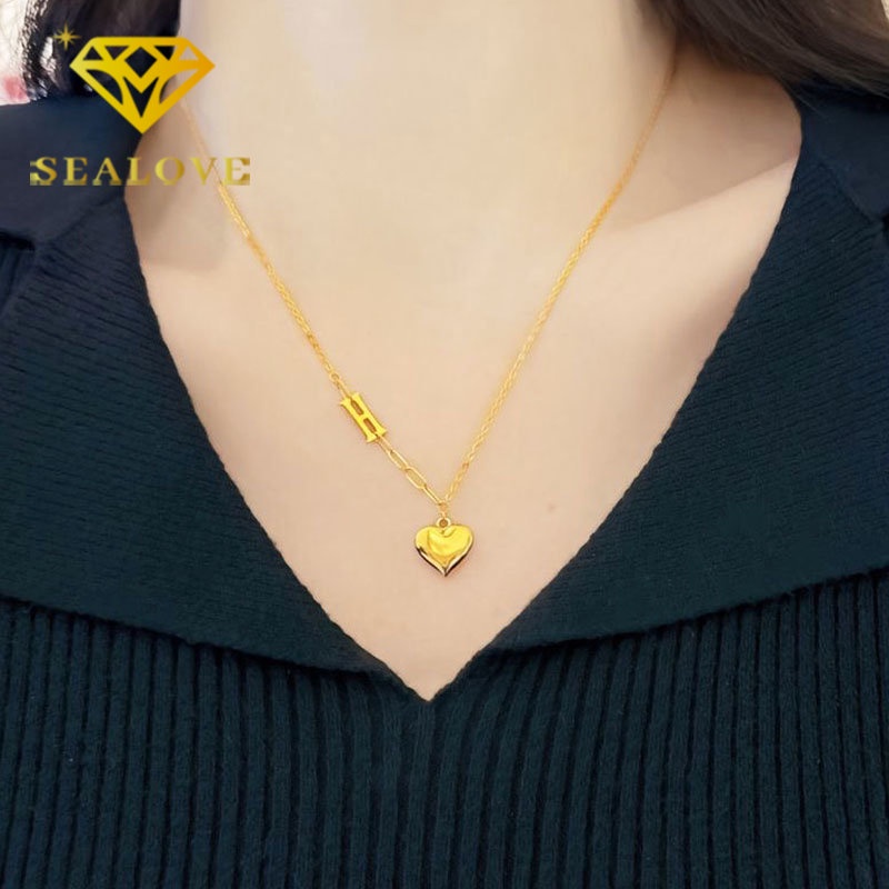 Kalung Titanium Huruf H Hati Cantik Aesthetic Korea Emas 18K Aksesoris Wanita Perhiasan Fashion