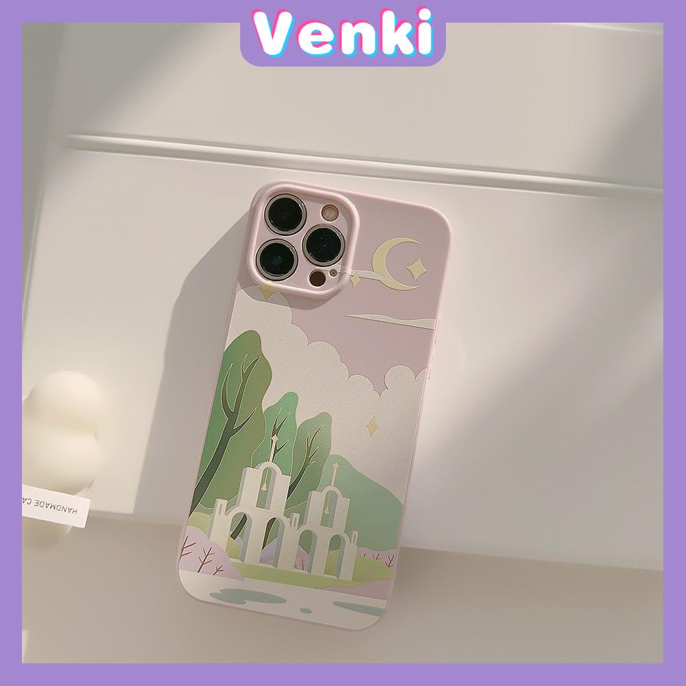 VENKI - Untuk iPhone 11 Case Film TPU Case Cream Glossy Perlindungan Kamera Minimalis Minyak Lukisan Gereja Kompatibel dengan iPhone 14 13 Pro Max iPhone 12 Pro Max XR XS 7Plus 8Plus