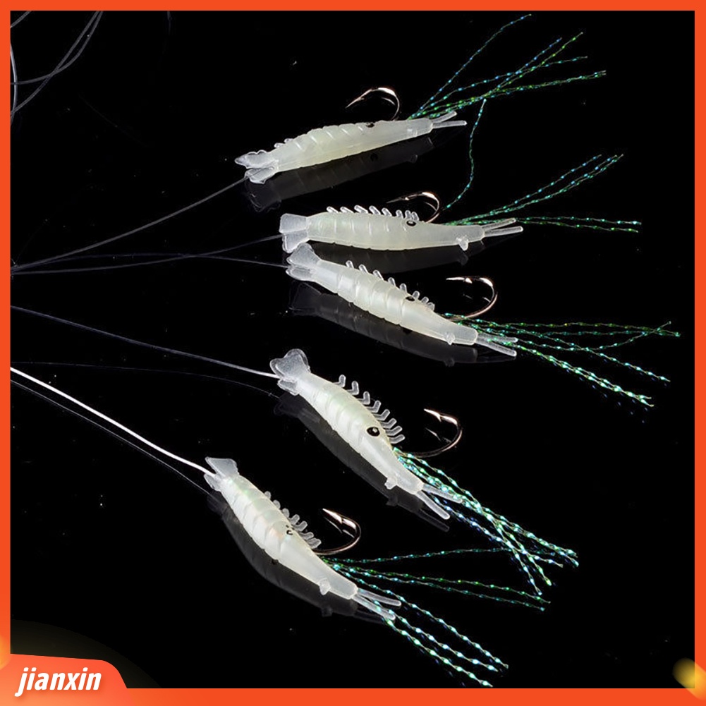 (In Stock) 5pcs Simulasi Memancing Udang Bercahaya Noctilucent Udang Lembut Lure Hooks Umpan