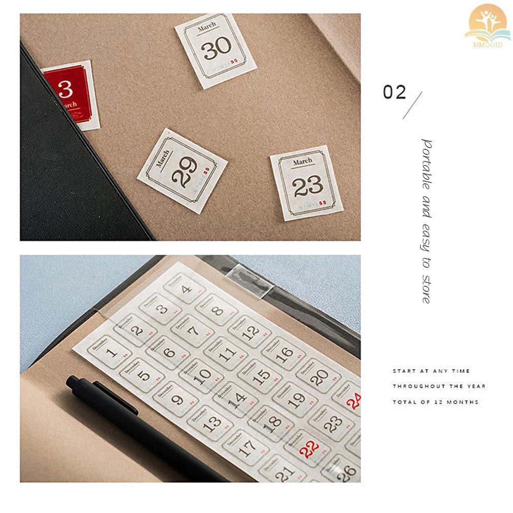 In Stock 12lembar/Set Calender Sticker Paket Harian 12bulan 365hari Label Stiker Untuk Kerajinan DIY Scrapbooking Jurnal Notebook Dekorasi Janjian Daily Planner