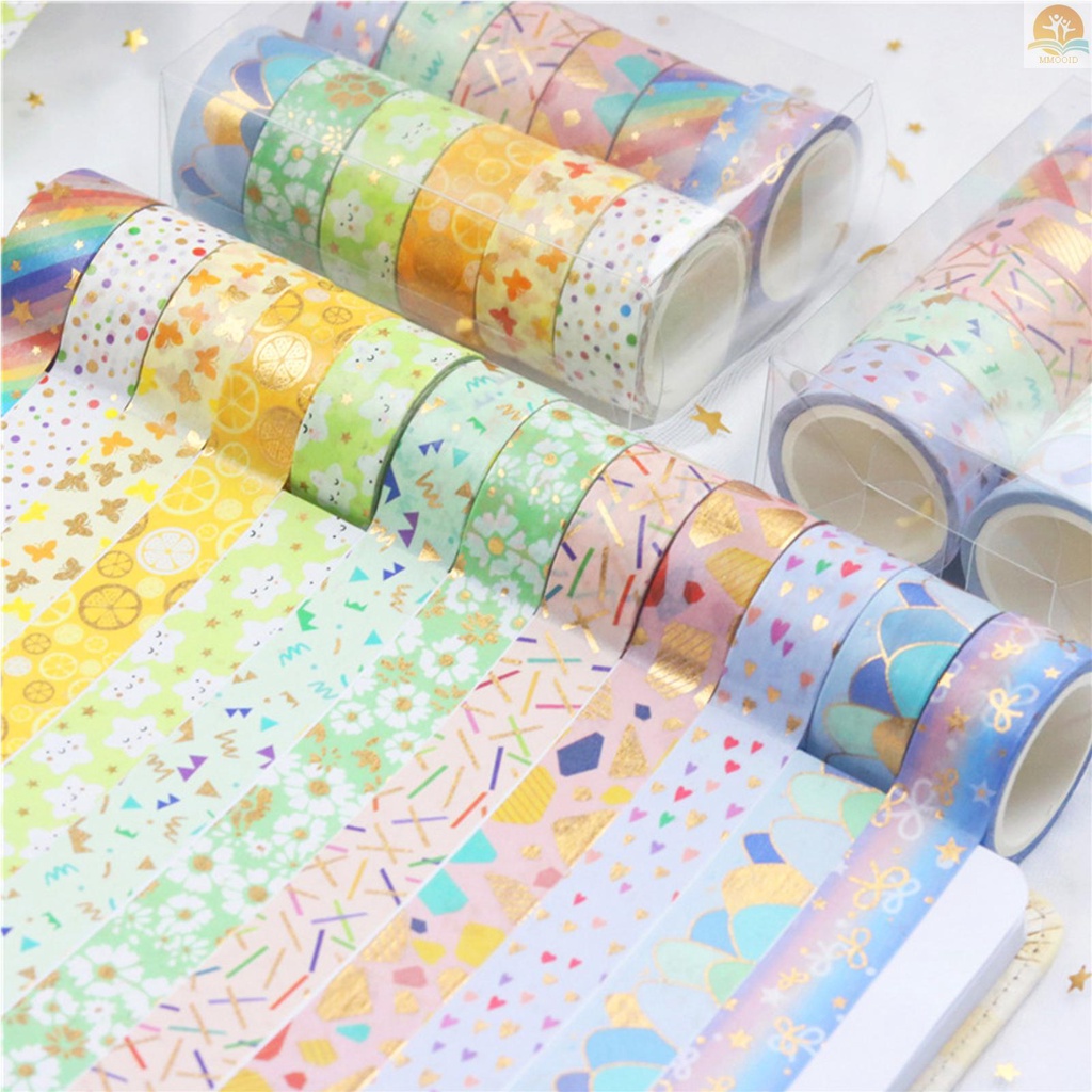 In Stock 12roll Washi Tape Set Pola Lucu Foil Emas Masking Tape Lebar 15mm Perekat Dekoratif Tape Stiker Untuk Kerajinan DIY Jurnal Planners Scrapbooking Card Gift Wrapping