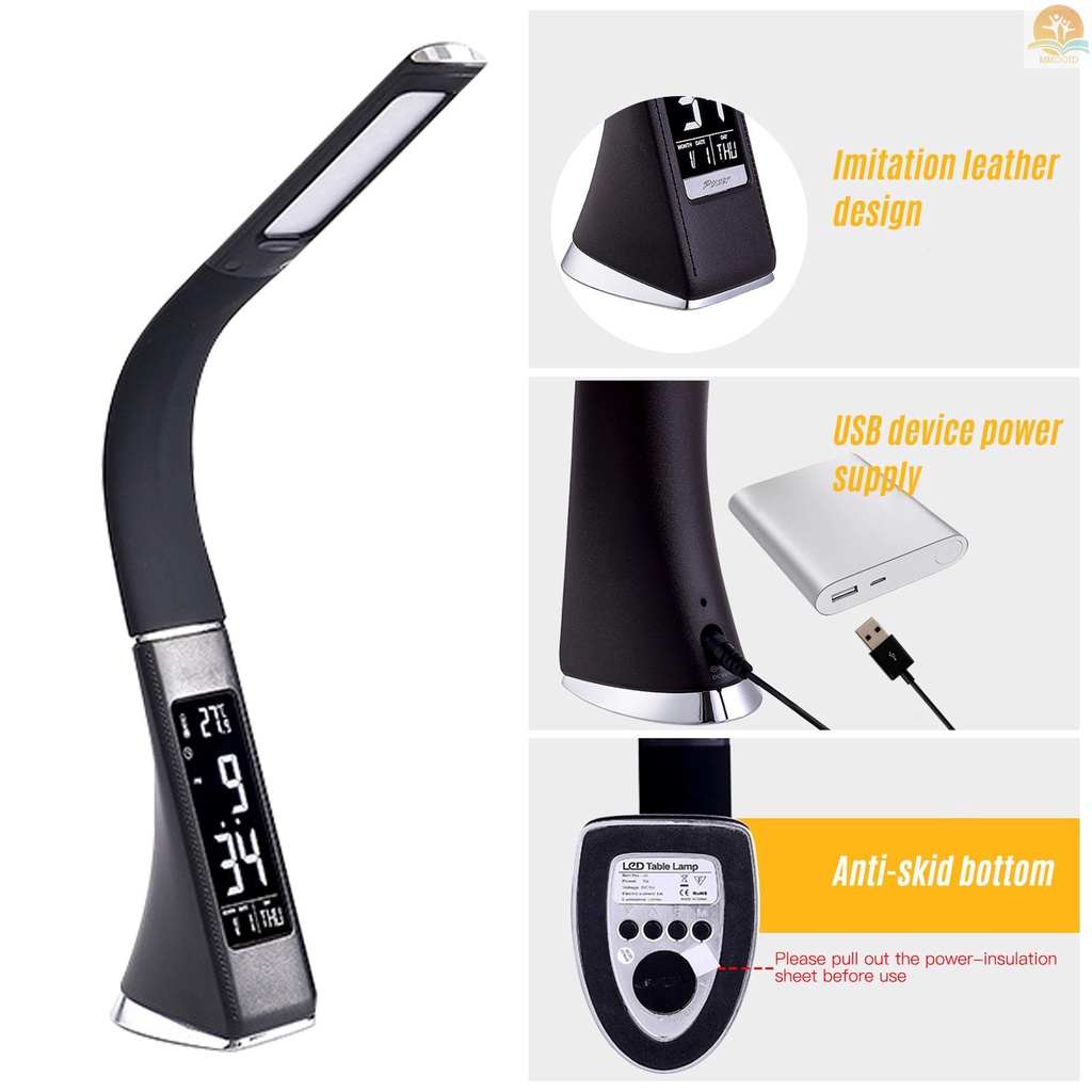 In Stock Lampu Meja LED Multifungsi Lampu Meja Perawatan Mata Lampu Meja Belajar Yang Dapat Disesuaikan Dengan Kalender Termometer Waktu Alarm Fungsi Jam Dimmable 3mode Kontrol Sentuh Cahaya Untuk