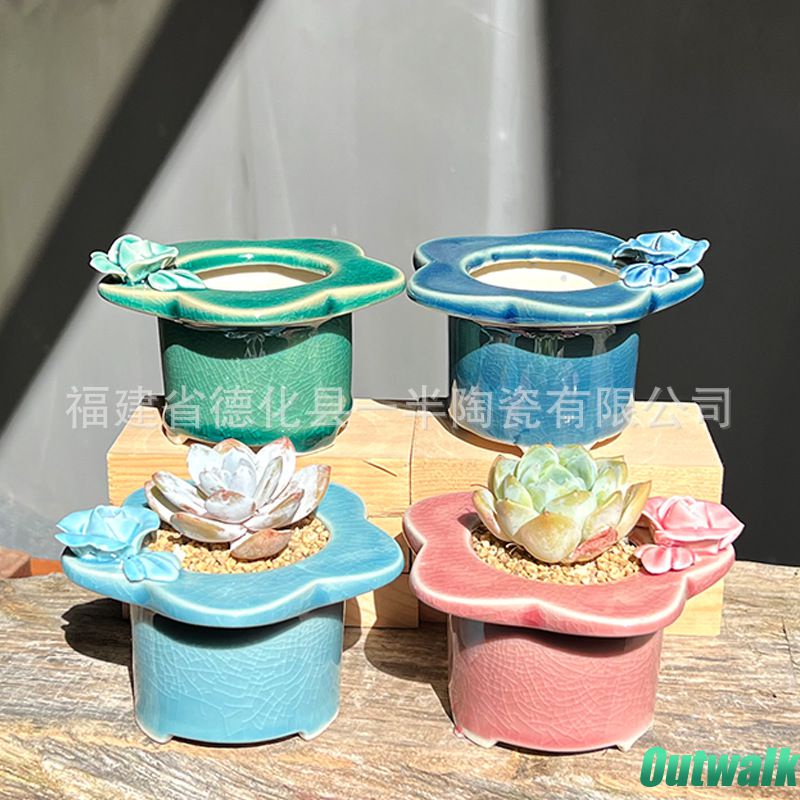 ღ Desktop Kreatif Tanaman Succulent Pot Bunga Bentuk Bunga Es Retak Glaze Dekorasi Bunga Batu Mentah Keramik Kreatif