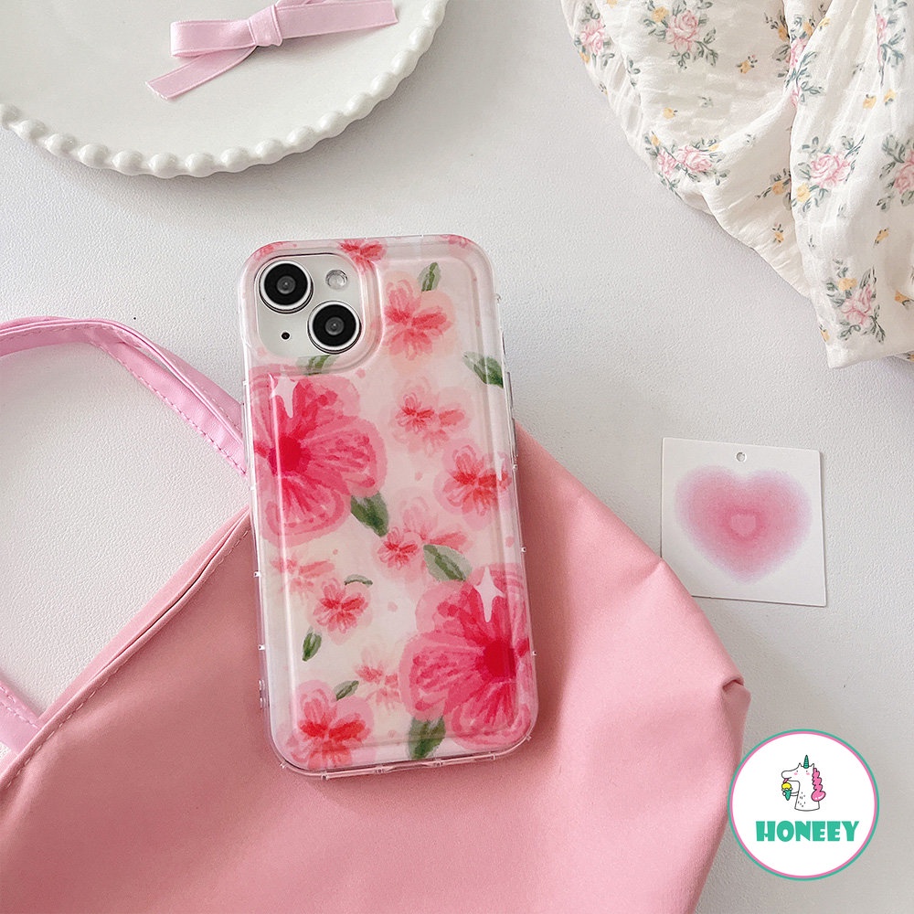 Korea Pink Case Ponsel Bunga Kompatibel Untuk iPhone 14 Pro Max Case iPhone 11 13 12 Pro Max 13 12 14 Pro XR XS 7Plus 8Plus Airbag Lembut TPU Cover