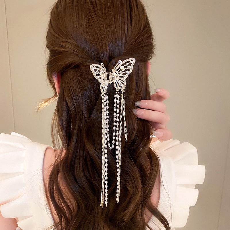 Korea INS Gaya Peri Berlian Imitasi Mutiara Imitasi Rumbai Hiu Klip Fashion Indah Berongga Kupu-Kupu Hadiah Rambut Pin Aksesoris Alloy Ponytail Holder Hair Claw