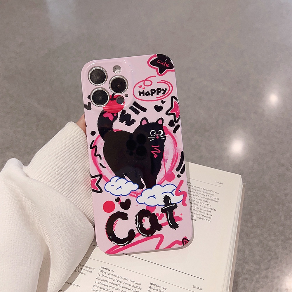 IPHONE Keren Doodle Punk Black Cat Pink Ponsel Hard Case Film Cover Pelindung Untuk Iphone7 8 PLUS X XR XS 11 12 13 14 PRO MAX SE