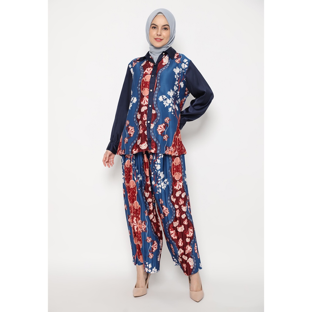 Setelan Baju Muslim Casual Plisket Alanza One-Set Satin Silk Motif 532-116 By Hassenda Ladies