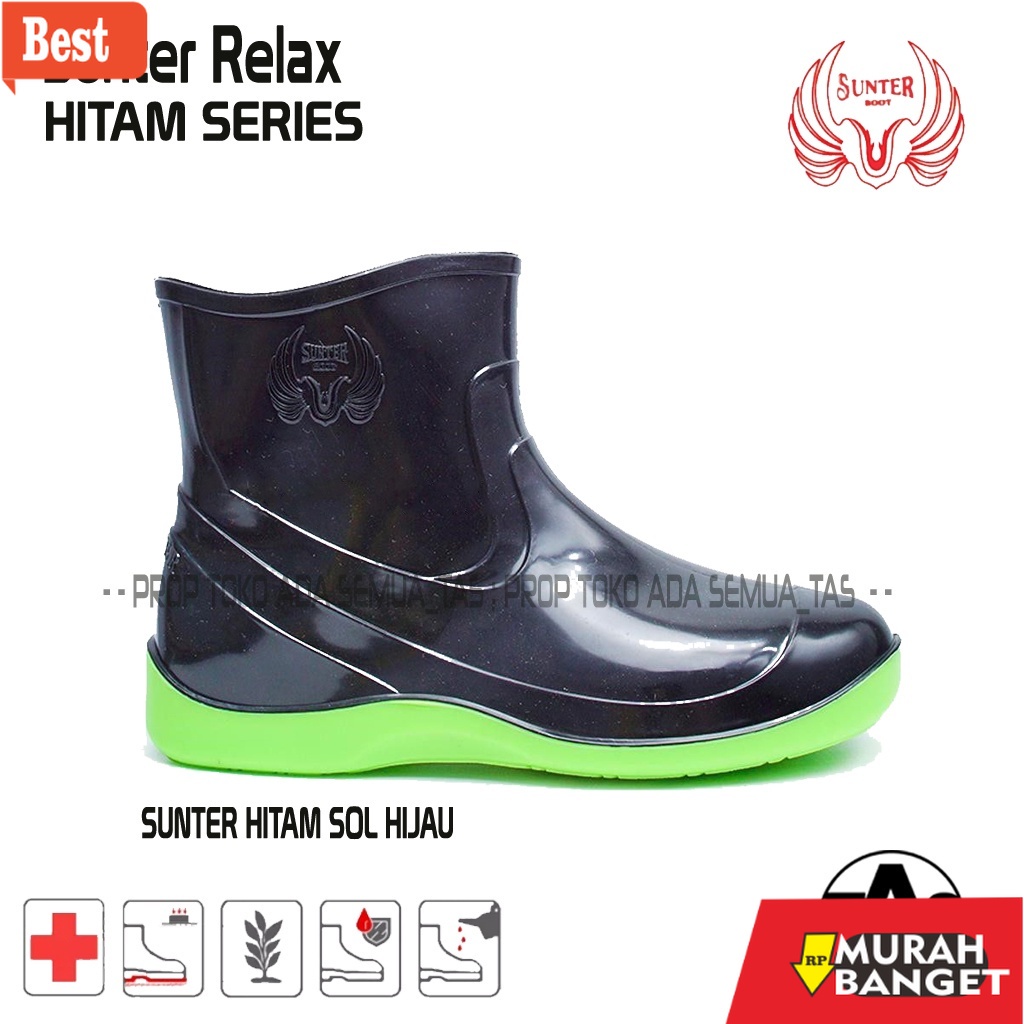 Boot pria terbaru- Sepatu Boot Karet Pendek Sunter Hitam SERIES HITAM SOL HIJAU / Sepatu Boots Karet