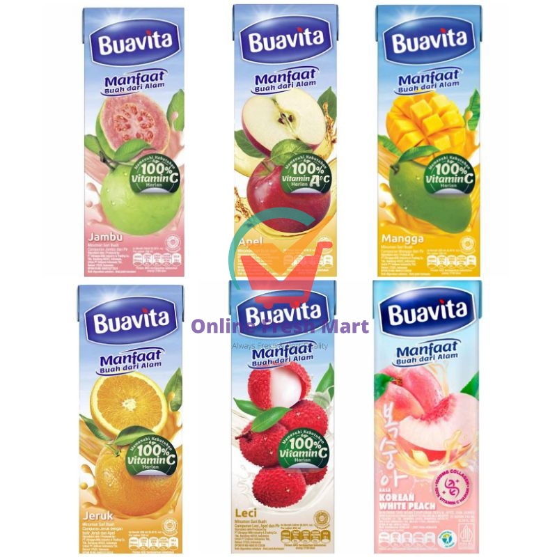 

Buavita Jus buah baru korean peach manga leci jeruk guava jambu apel 245ml - Online Fresh Mart Denpasar