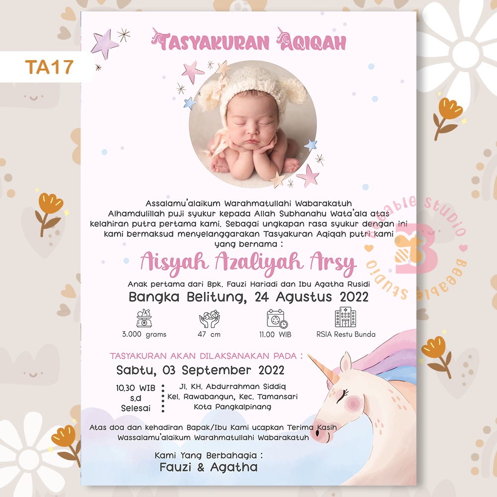 Undangan Aqiqah Digital Tema TA17 Unicorn Watercolor Softfile | BeeableStudio