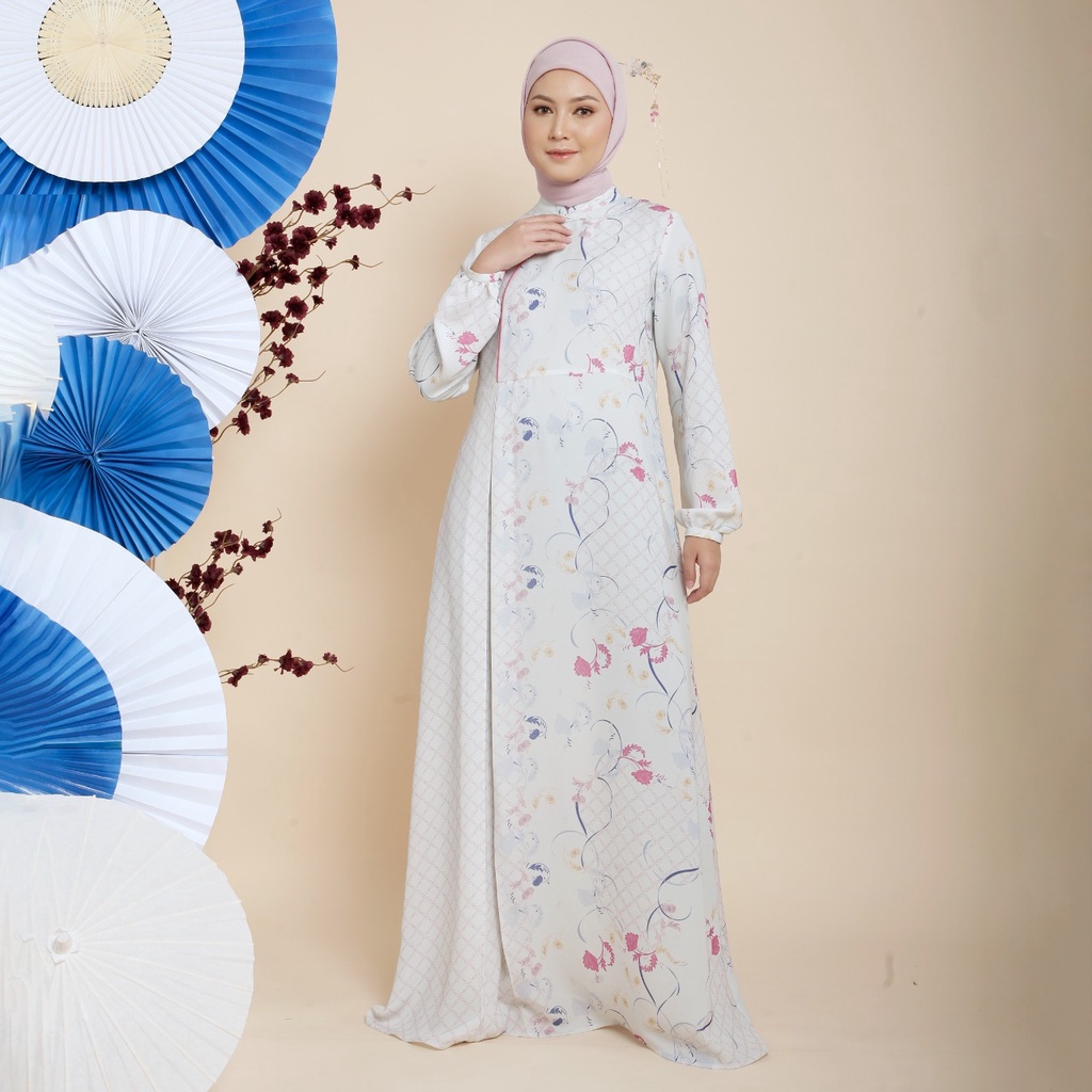 Zoya Haruma Dress Putih - Gamis Motif Wanita - Wudhu Friendly
