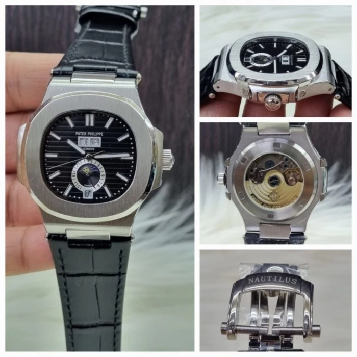 Jam Tangan Pria Patek Philippe Automatic Monphase Body Silver Strap Kulit Hitam