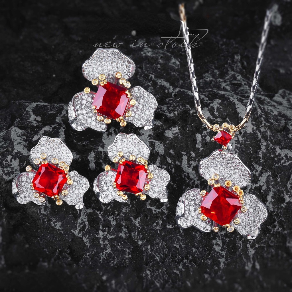 Goldkingdom Fashion Perhiasan Aksesoris Ready Stock Gaoding Jewelry Darah Merpati Ruby Liontin Warna-Warni Harta Karun Telinga Giwang Cincin Terbuka Premium Cina Merah Kalung Set Perempuan