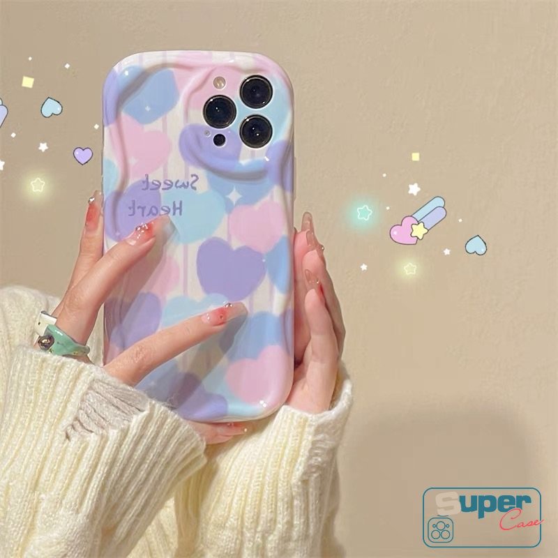 Ins Lukisan Cat Minyak Cinta Hati Casing Kompatibel Untuk iPhone 7plus XR 11 13 12 14 Pro Max 6s 6 7 8 Plus X XS Max SE 2020 3D Wavy Curved Edge Soft Tpu Shockproof Airbag Glossy Case