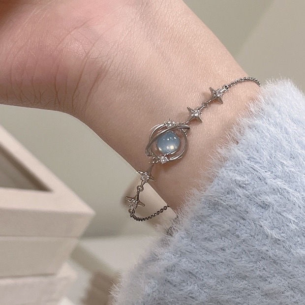 Roselife Korea Moonstone Sparkling Star Blue Planet Bracelet Untuk Wanita Gadis Bersinar Langit Berbintang Semesta Gelang Perhiasan Hadiah Untuk Pacar Teman