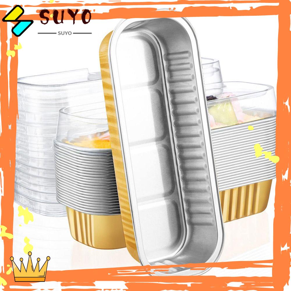 Suyo Ramekins Aluminium Sekali Pakai Cheesecake Dessert Cupcake Wadah Persegi Panjang Dengan Tutup 10pcs 6.8oz