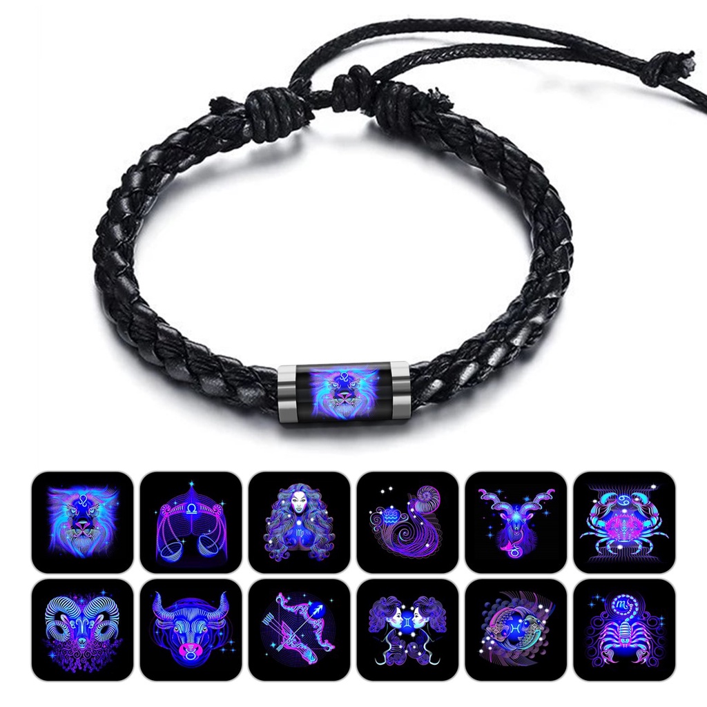 Gelang Zodiak Rasi Bintang Neon Zodiac Horoscope Tali Kulit Tabung Stainless Steel Aquarius Capricorn Cancer Leo Sagittarius Gemini Virgo Pisces Libra Taurus Aries Scorpio