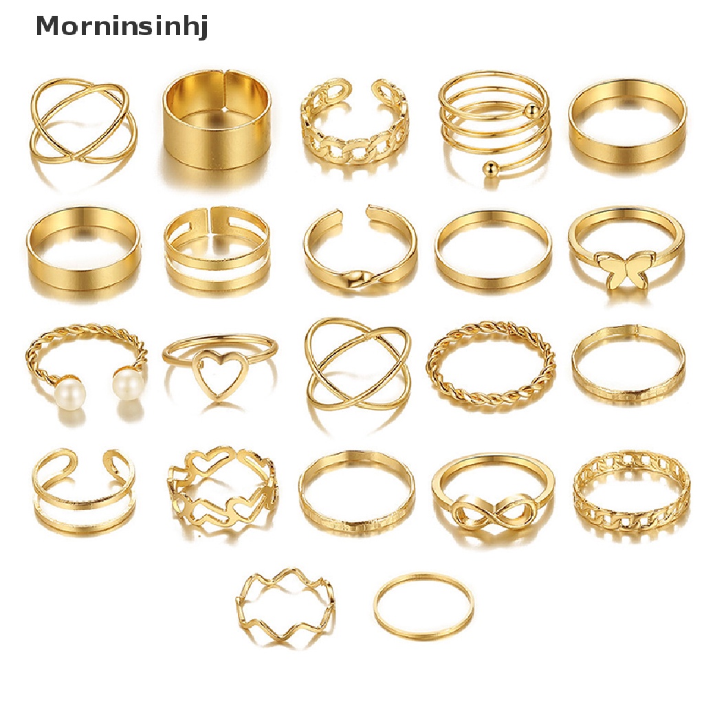 Mornin 22pcs Set Cincin Vintage Hollow Hati Butterfly Set Untuk Wanita Metal Warna Silver Bentuk Spiral Geometris Cincin rendy Jewelry id