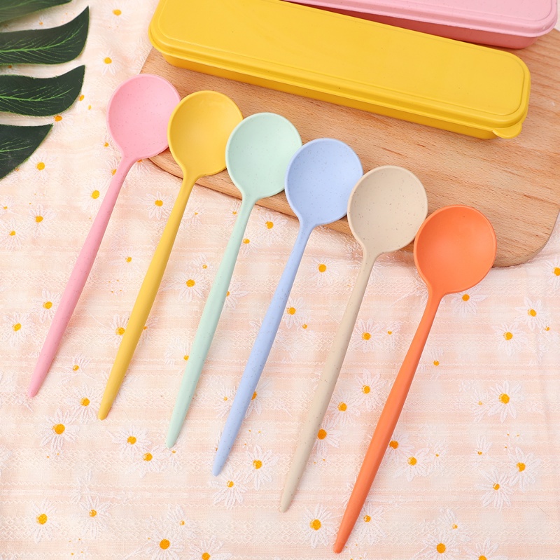 4pcs/set Ramah Lingkungan Wheat Straw Spoon Fork Chopsticks Cutlery/Kotak Peralatan Makan Portabel Travel Anak Dewasa