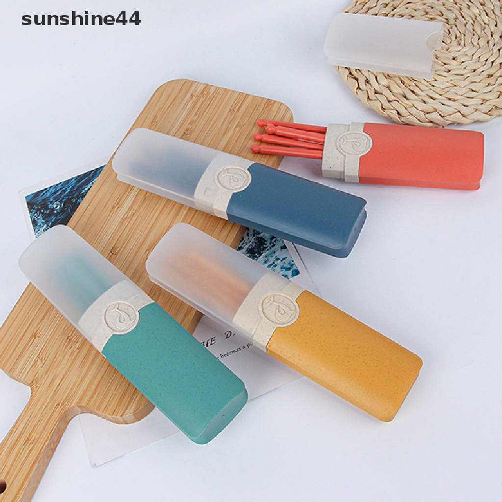 Sunshine Portable Reusable Spoon Fork Travel Piknik Wheat Straw Set Peralatan Makan Dengan Kotak ID