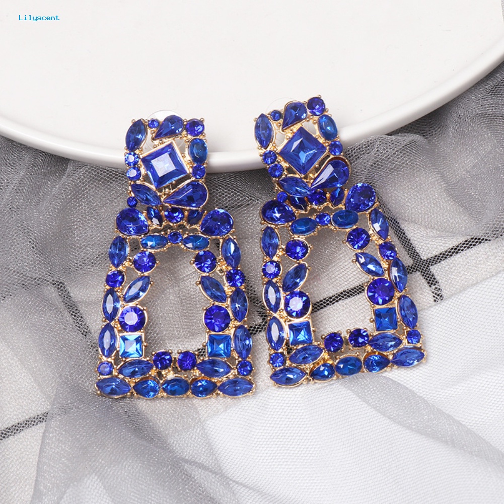 Lilyscent Wanita Berlian Imitasi Berongga Keluar Geometris Menjuntai Ear Stud Earrings Perhiasan Hadiah