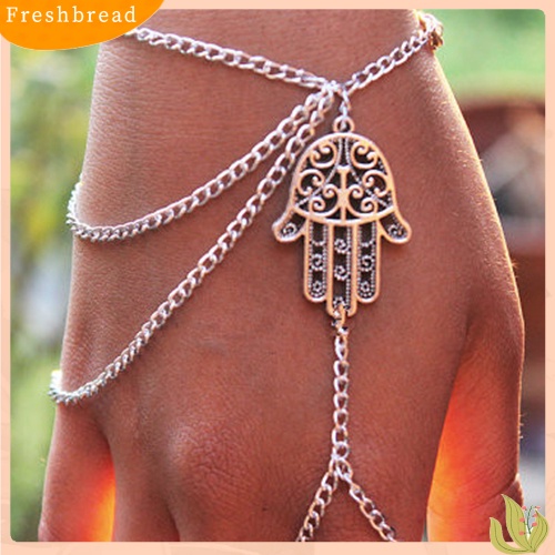 &lt; Freshbread &gt; Wanita Hamsa Tangan Asimetris Budak Rumbai Rantai Harness Jari Cincin Gelang