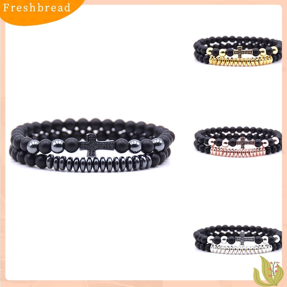 &lt; Freshbread &gt; 2Pcs/Set Micro Cubic Zirconia Cross Charm Stone Unisex Peregangan Gelang Sholat