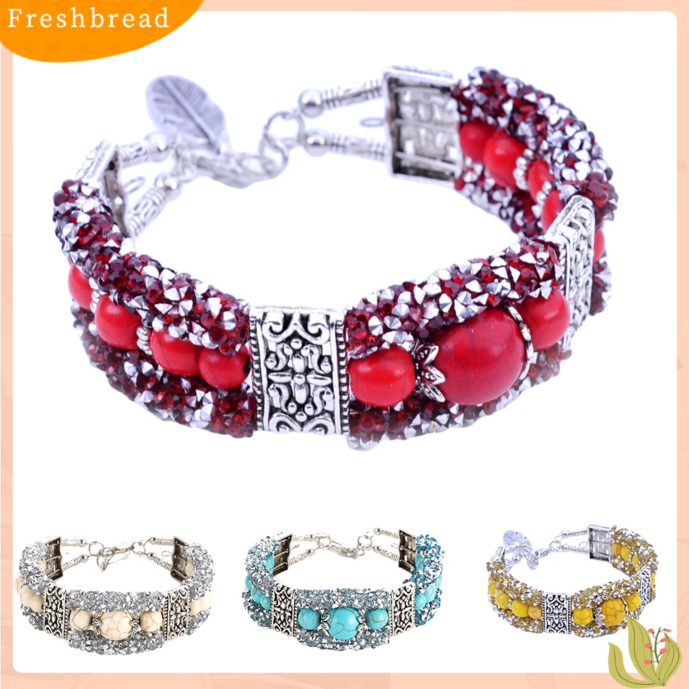 &lt; Freshbread &gt; Vintage Wanita Faux Turquoise Beads Berlian Imitasi Diukir Gelang Bangle Perhiasan