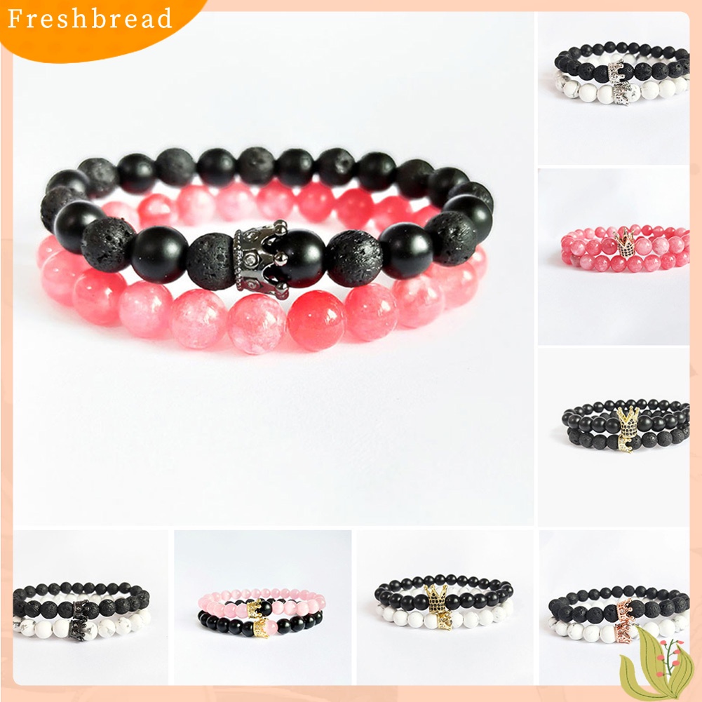 &lt; Freshbread &gt; 2Pcs Unisex Mahkota Pesona Batu Alam Manik-Manik Elastis Gelang Bangle Set Perhiasan