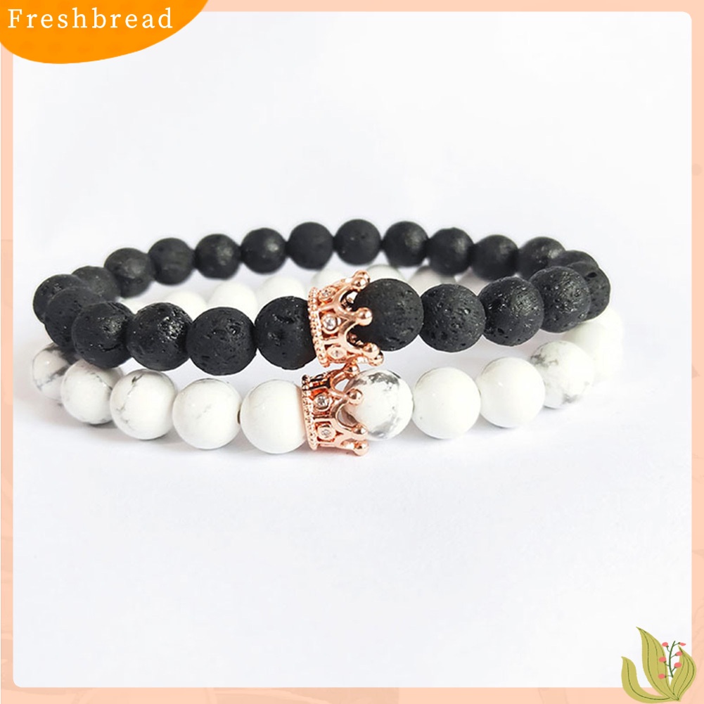 &lt; Freshbread &gt; 2Pcs Unisex Mahkota Pesona Batu Alam Manik-Manik Elastis Gelang Bangle Set Perhiasan