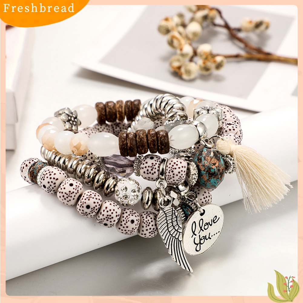 &lt; Freshbread &gt; 4Pcs/Set Gaya Bohemian Huruf Jumbai Bunga Manik-Manik Liontin Wanita Perhiasan