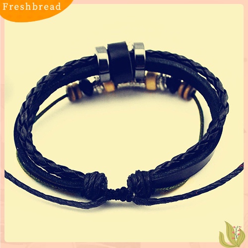 &lt; Freshbread &gt; Unisex Multi-layer Gelang Kulit Imitasi Daun Liontin Beads Adjustable Jewelry