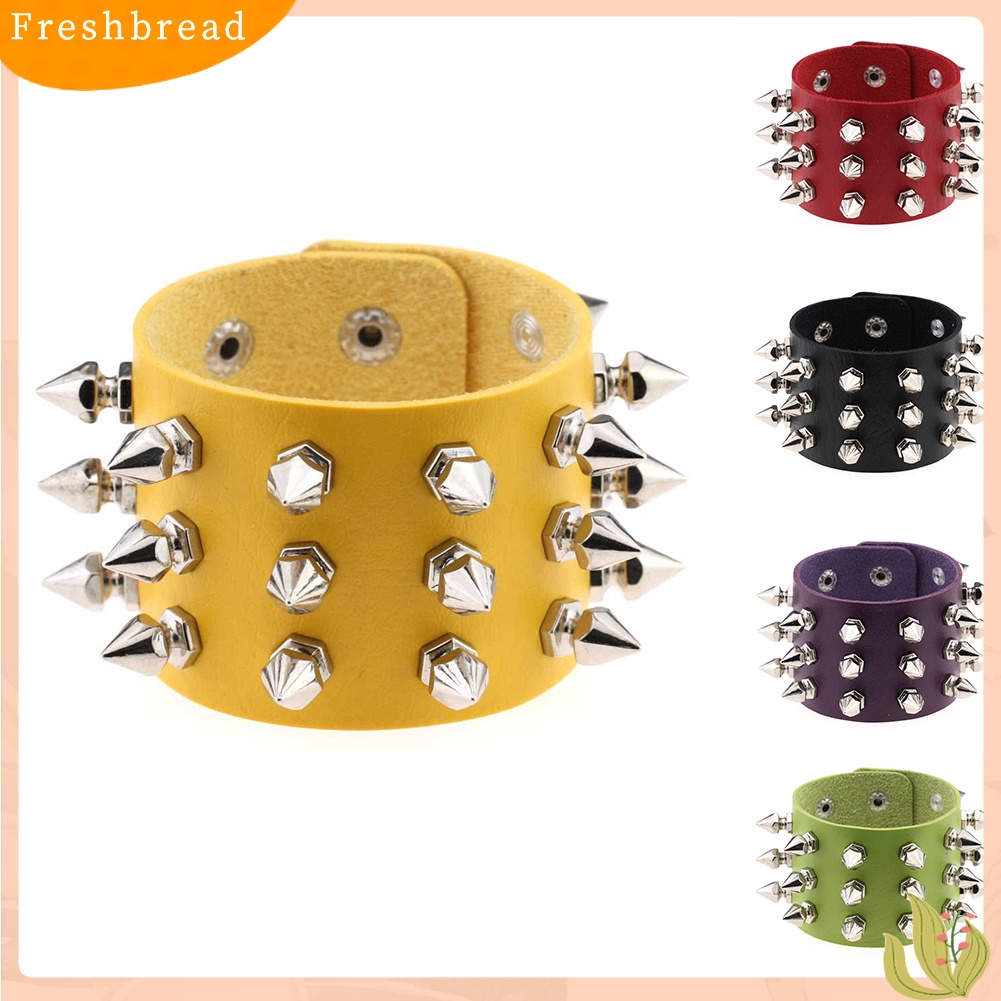 &lt; Freshbread &gt; Punk Triple Lines Stainless Steel Pointed Cone Rivet Gelang Bangle Kulit Imitasi