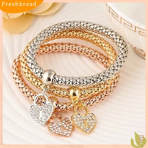 &lt; Freshbread &gt; 3Pcs Fashion Wanita Berlian Imitasi Cinta Hati Liontin Elastis Gelang Bangles