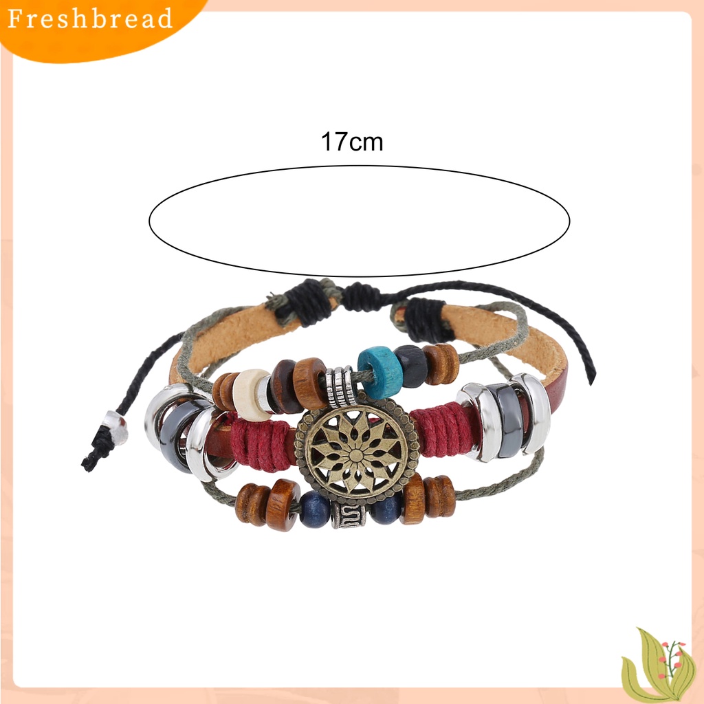 &lt; Freshbread &gt; Gelang Kulit Imitasi Vintage Tiga Lapisan Dikepang Bungkus Manik-Manik Kayu Adjustable Hias Hadiah Pria Wanita Gelang Tali Bangle Perhiasan Untuk Pakaian Sehari-Hari