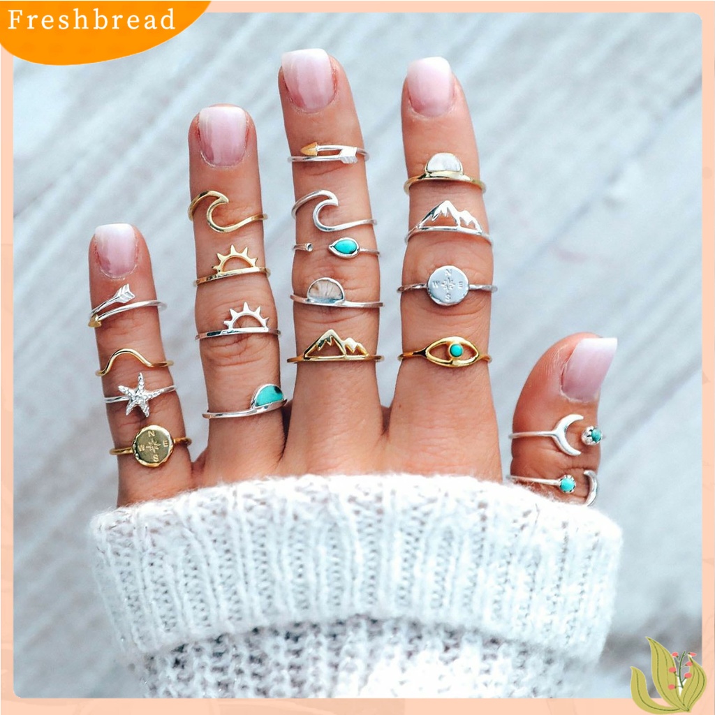 &lt; Freshbread &gt; 19 Pcs Gelombang Pembukaan Cincin Boho Gaya Etnik Turquoise Finger Rings Perhiasan Aksesori