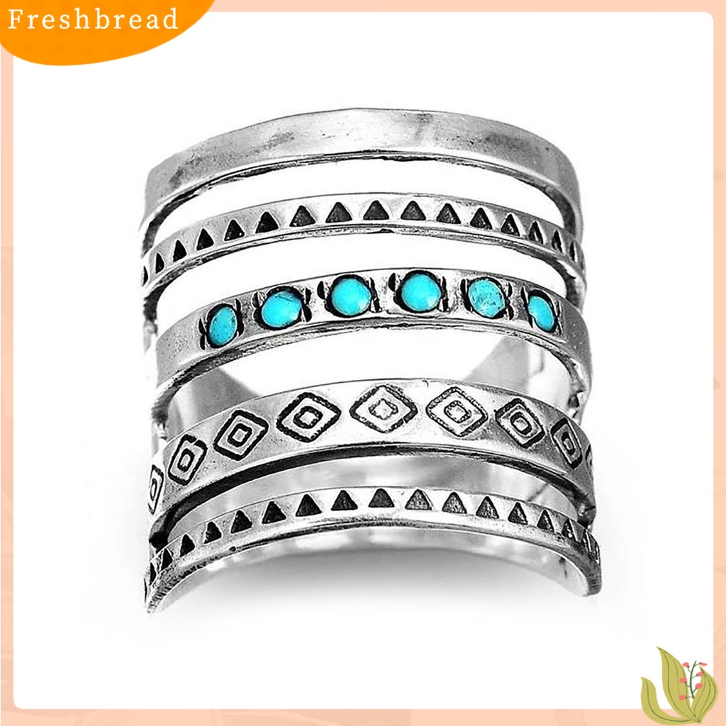 &lt; Freshbread &gt; Wanita Cincin Multilayer Lebar Pirus Dekorasi Simbol Pola Berongga Bohomia Bersama Cincin Perhiasan Aksesoris