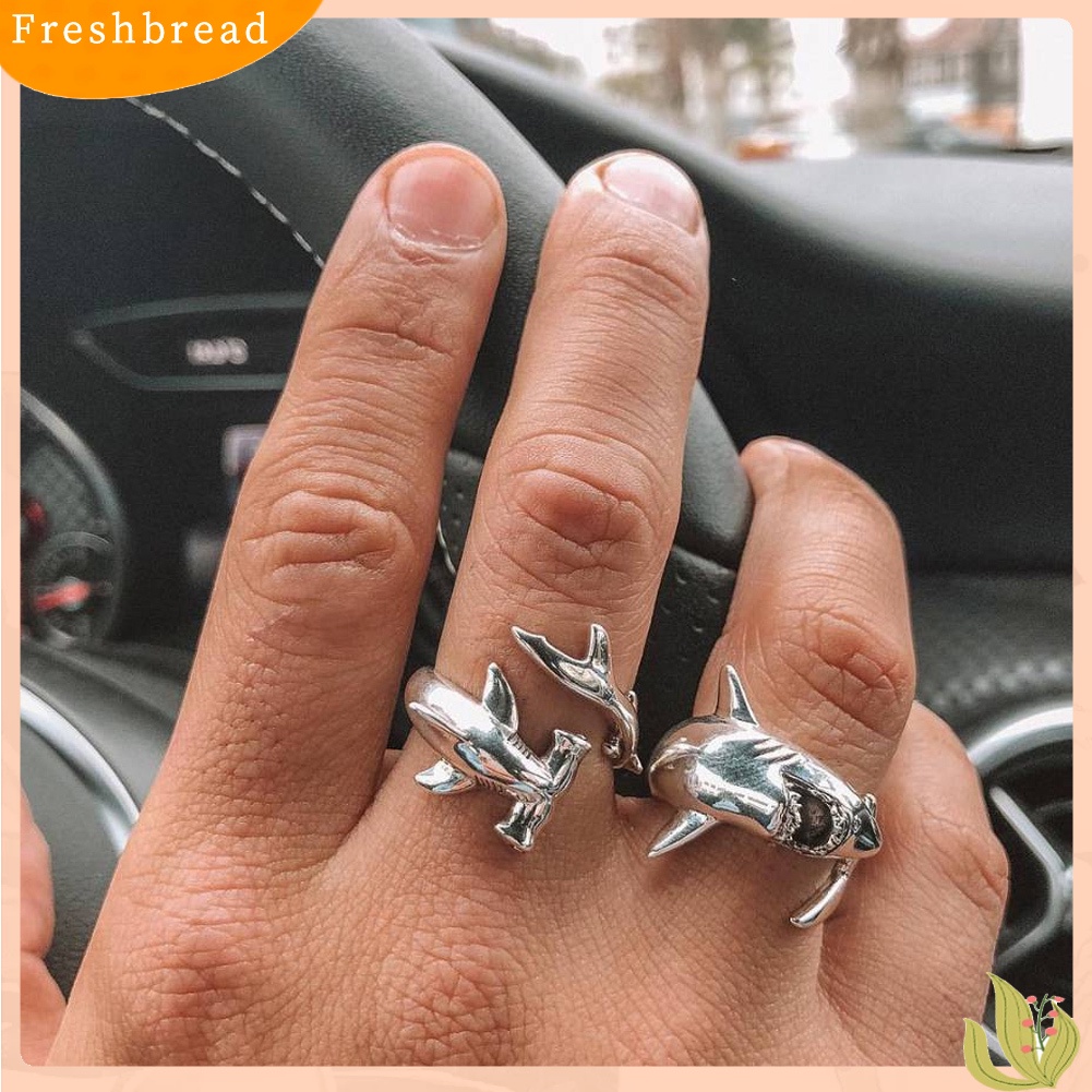 &lt; Freshbread &gt; 2Pcs/Set Vintage Adjustable Alloy Hiu Terbuka Cincin Unisex Pesta Perhiasan Hadiah